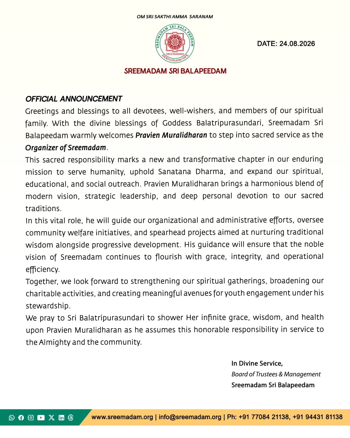 Official Announcement: Appointment of Pravien Muralidharan as Organizer of Sreemadam